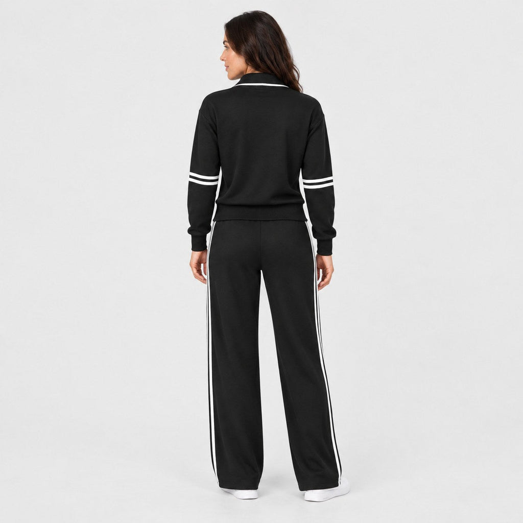 Women's quarter-zip and wide-leg trouser set in Black | Dorstone – back view