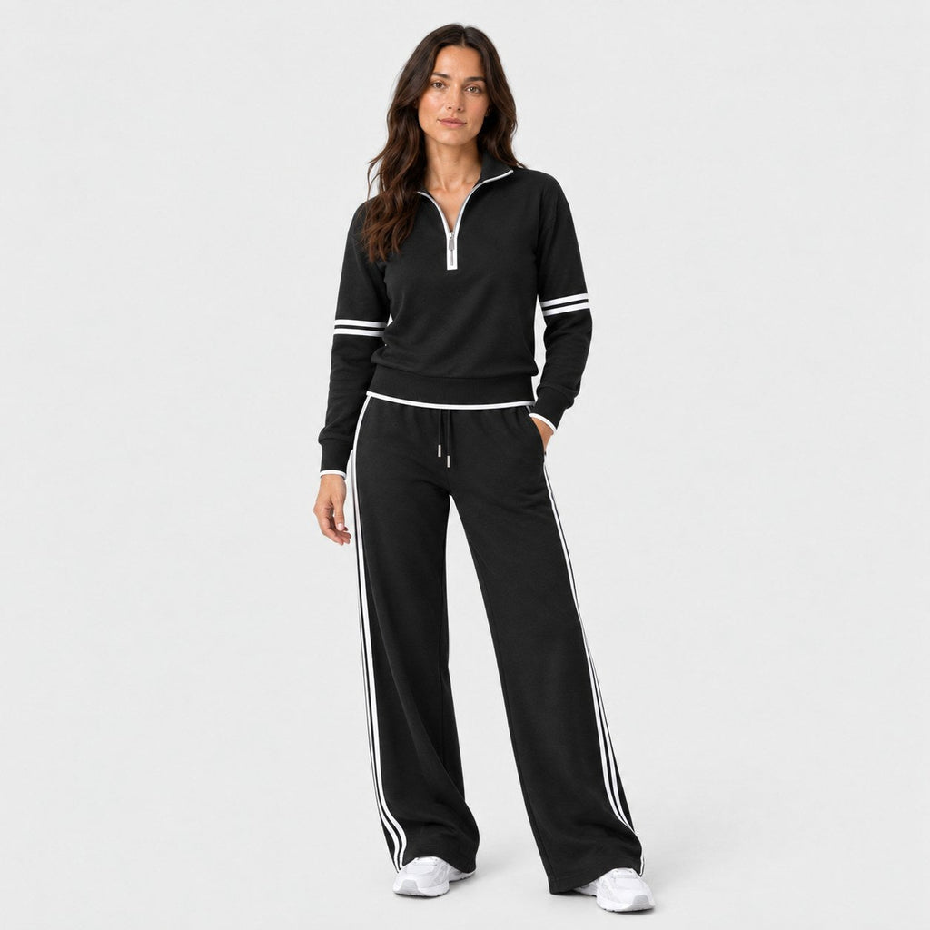 Women's quarter-zip and wide-leg trouser set in Black | Dorstone – front view