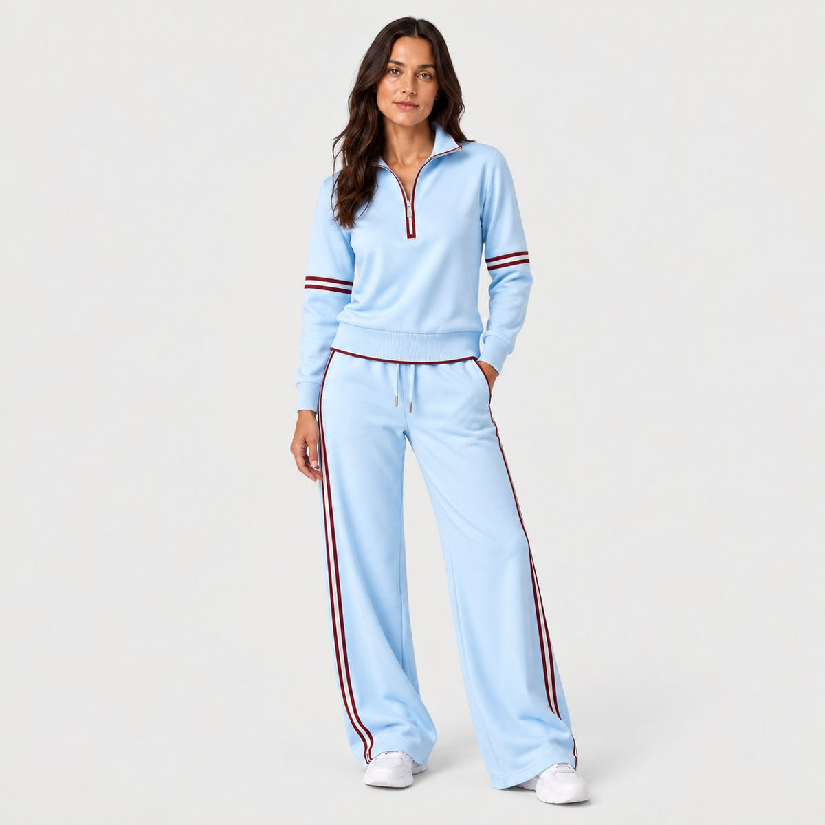 Women's quarter-zip and wide-leg trouser set in Light Blue | Dorstone – front view