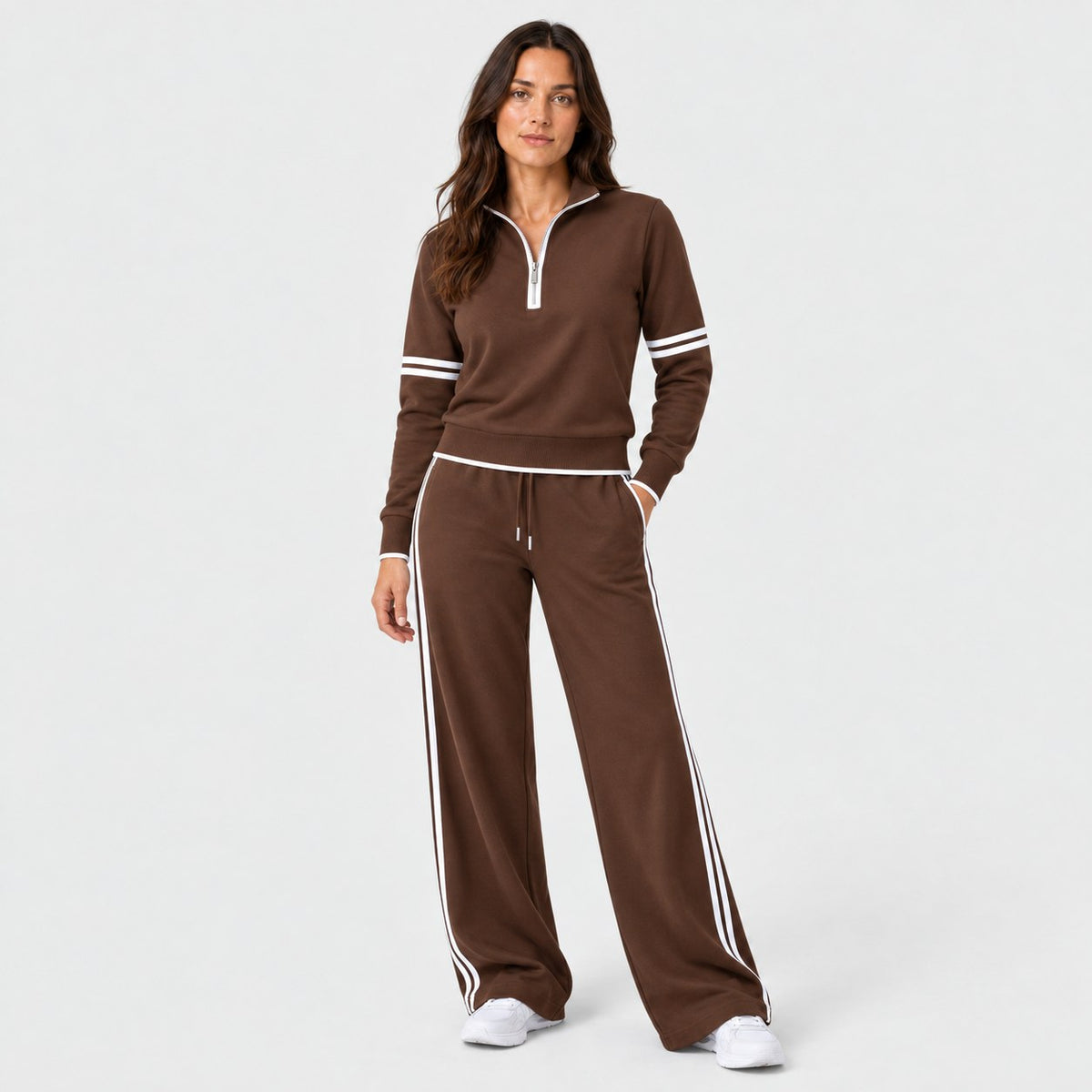 Women's quarter-zip and wide-leg trouser set in Brown | Dorstone – front view