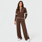 Women's quarter-zip and wide-leg trouser set in Brown | Dorstone – front view