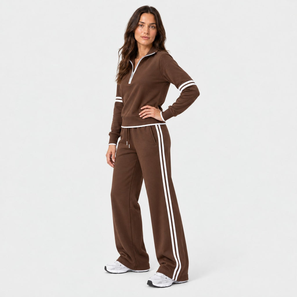 Women's quarter-zip and wide-leg trouser set in Brown | Dorstone – side view