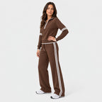 Women's quarter-zip and wide-leg trouser set in Brown | Dorstone – side view
