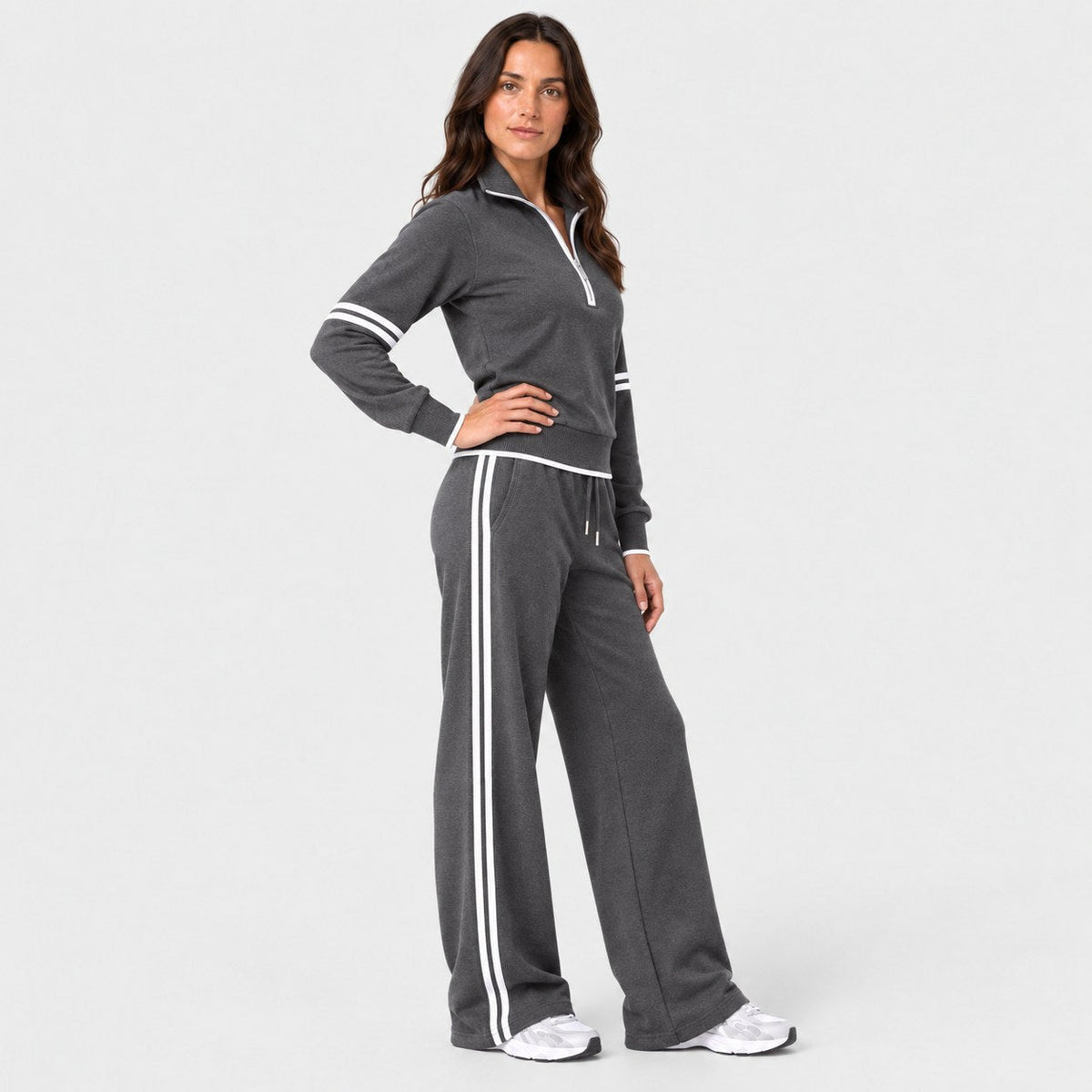 Women's quarter-zip and wide-leg trouser set in Charcoal | Dorstone – side view