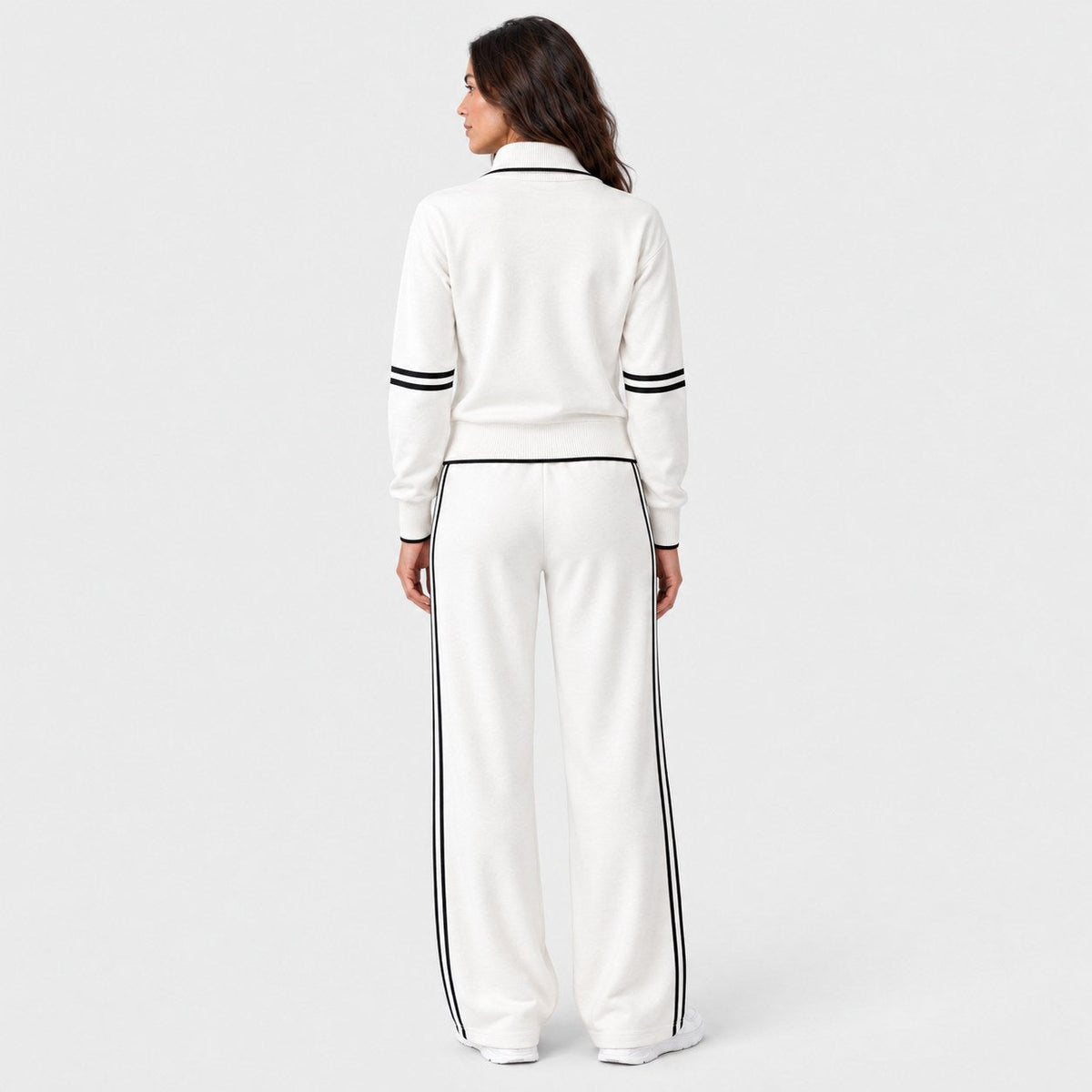 Women's quarter-zip and wide-leg trouser set in White | Dorstone – back view