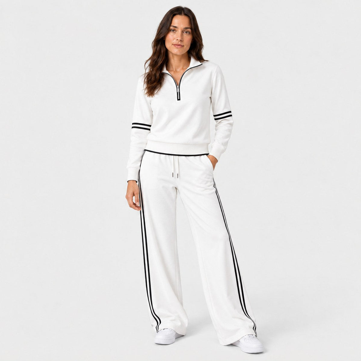 Women's quarter-zip and wide-leg trouser set in White | Dorstone – front view