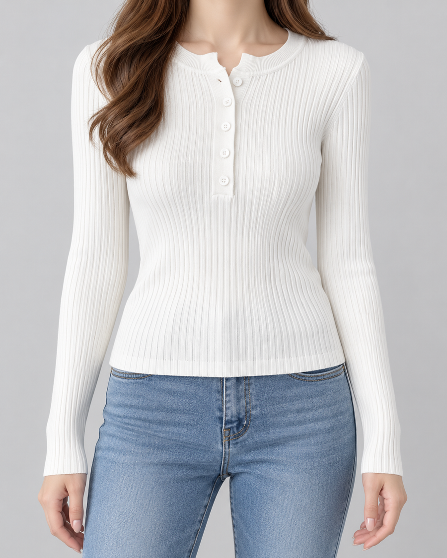 Damski prążkowany top Henley o dopasowanym kroju | Craster