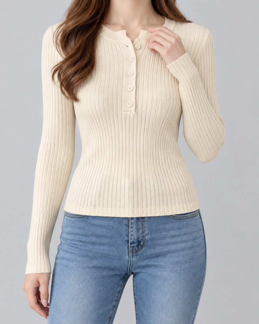 Damski prążkowany top Henley o dopasowanym kroju | Craster
