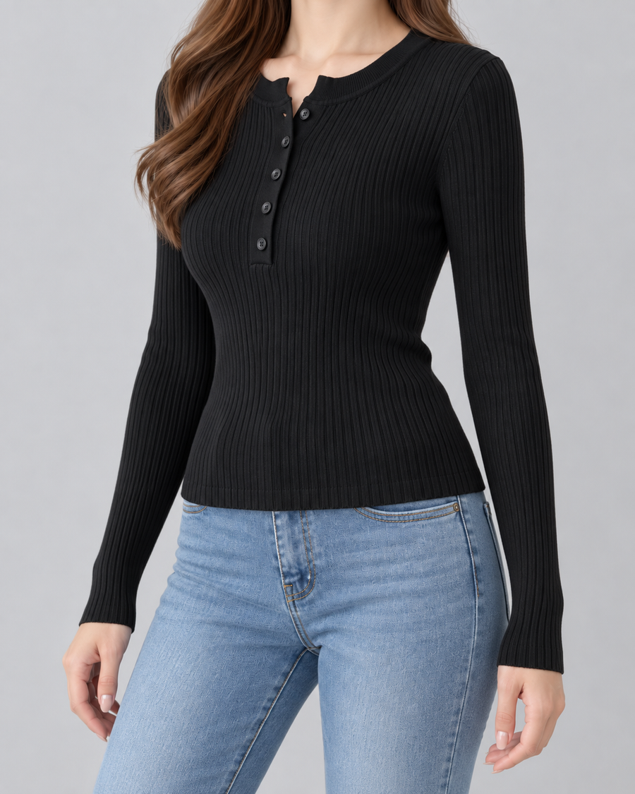 Damski prążkowany top Henley o dopasowanym kroju | Craster