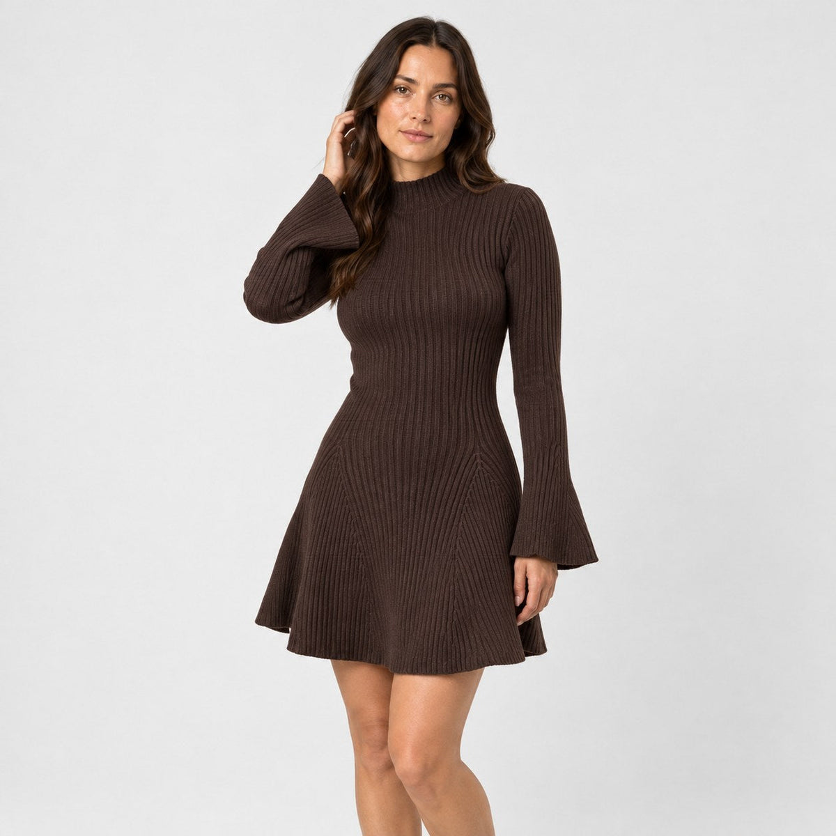 Women's ribbed knit mini dress in Brown | Dalham – front view