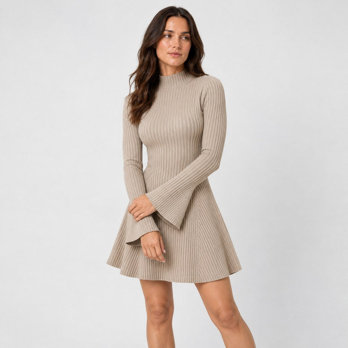 Women's ribbed knit mini dress in Taupe | Dalham – front view