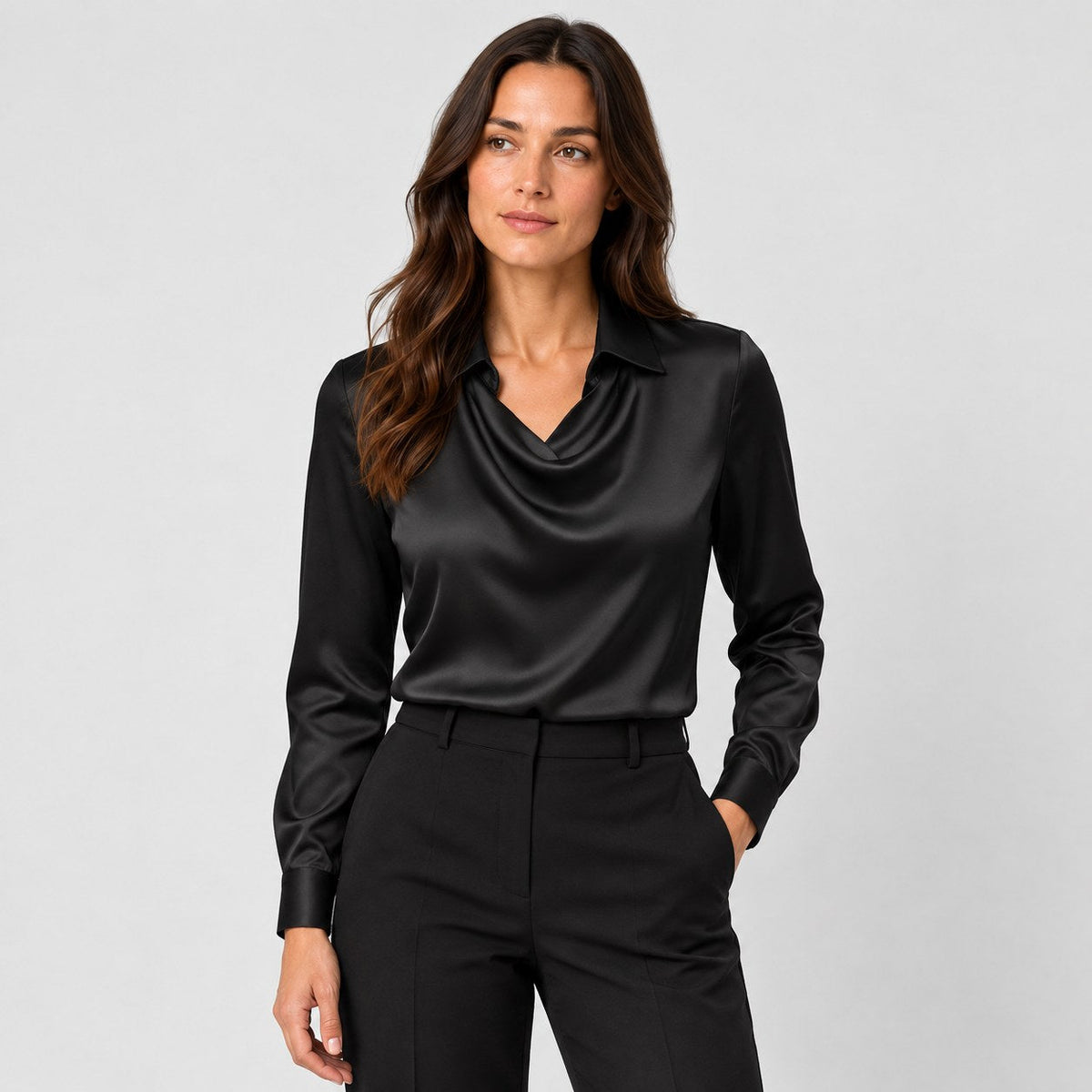 Women's satin cowl neck blouse in Black | Eardisland – front view