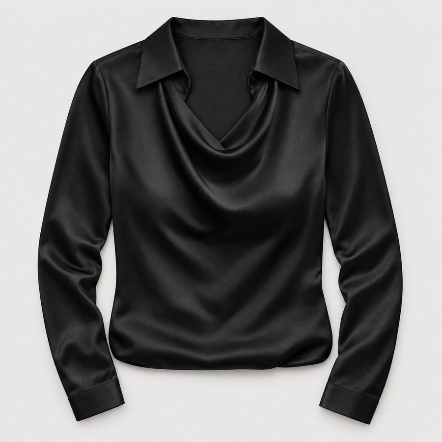 Women's satin cowl neck blouse in Black | Eardisland – front view