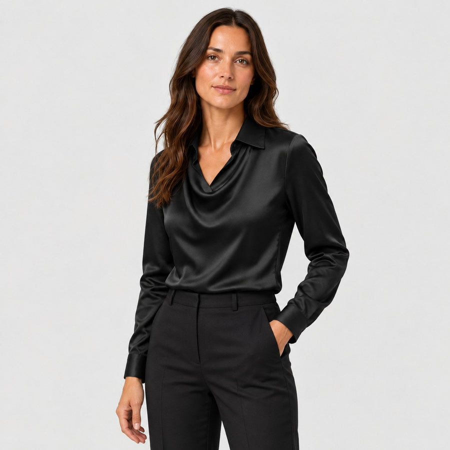 Women's satin cowl neck blouse in Black | Eardisland – side view