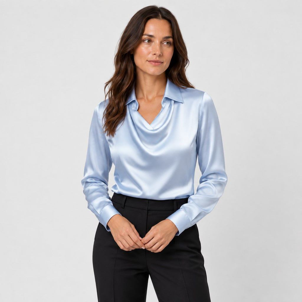 Women's satin cowl neck blouse in Light Blue | Eardisland – front view