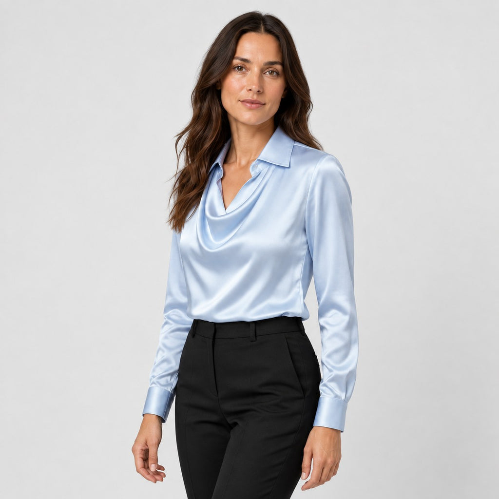 Women's satin cowl neck blouse in Light Blue | Eardisland – side view