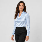 Women's satin cowl neck blouse in Light Blue | Eardisland – side view