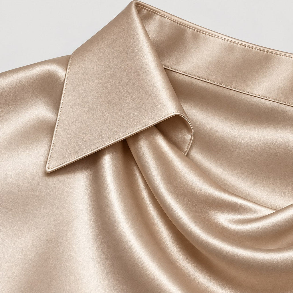 Women's satin cowl neck blouse in Champagne | Eardisland – detail view