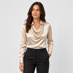 Women's satin cowl neck blouse in Champagne | Eardisland – front view