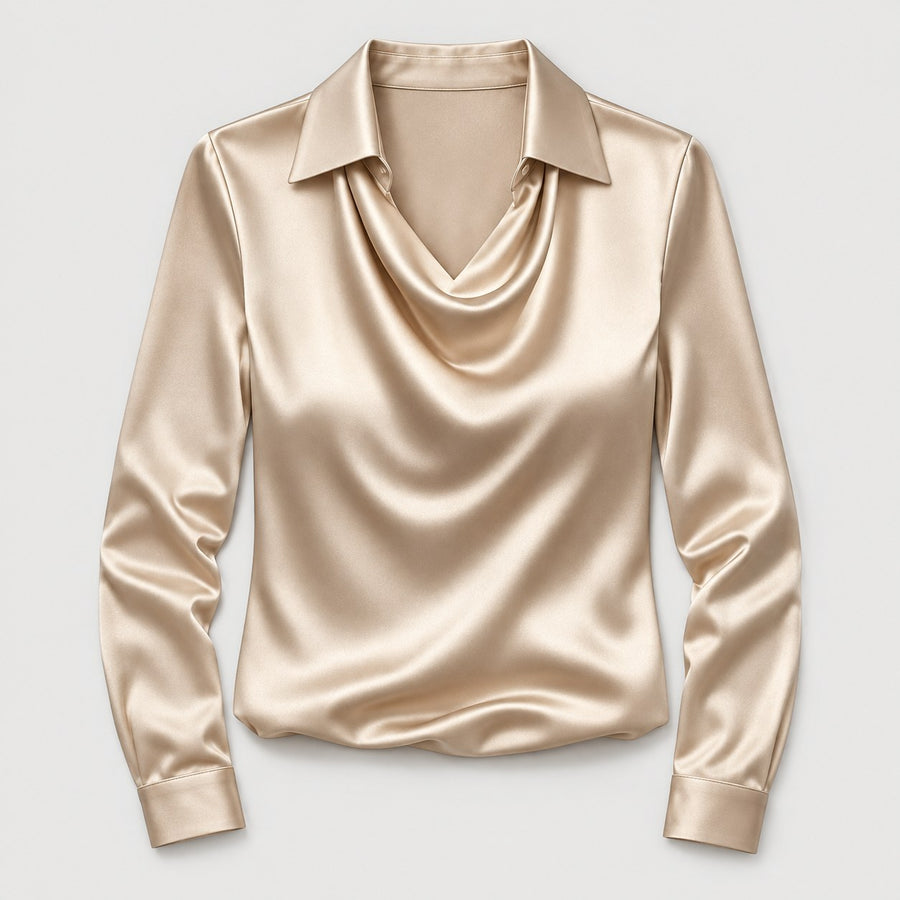 Women's satin cowl neck blouse in Champagne | Eardisland – front view