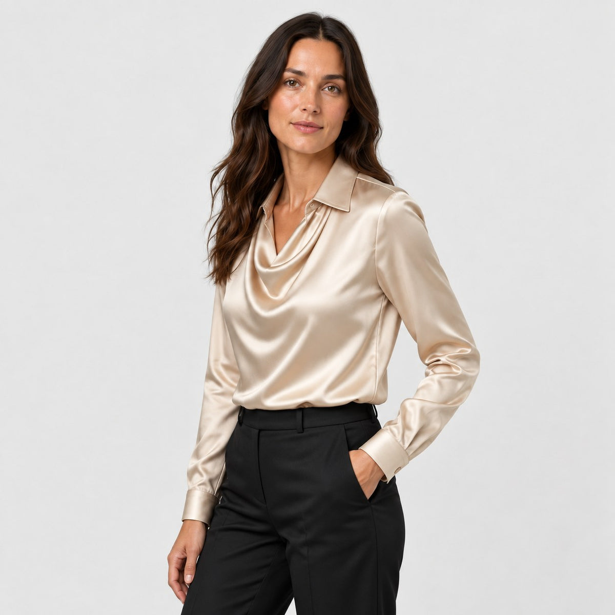 Women's satin cowl neck blouse in Champagne | Eardisland – side view
