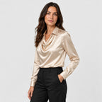 Women's satin cowl neck blouse in Champagne | Eardisland – side view
