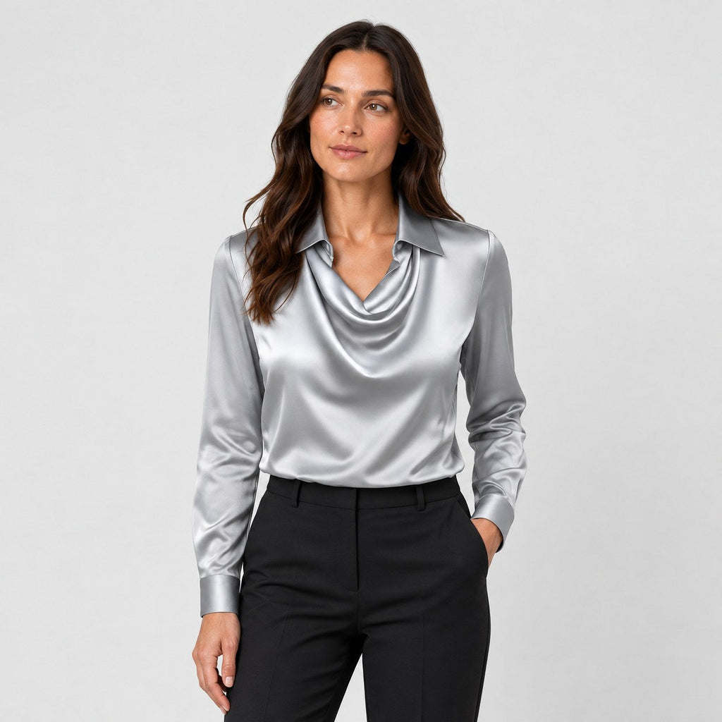 Women's satin cowl neck blouse in Silver Grey | Eardisland – front view