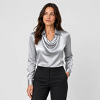 Women's satin cowl neck blouse in Silver Grey | Eardisland – front view