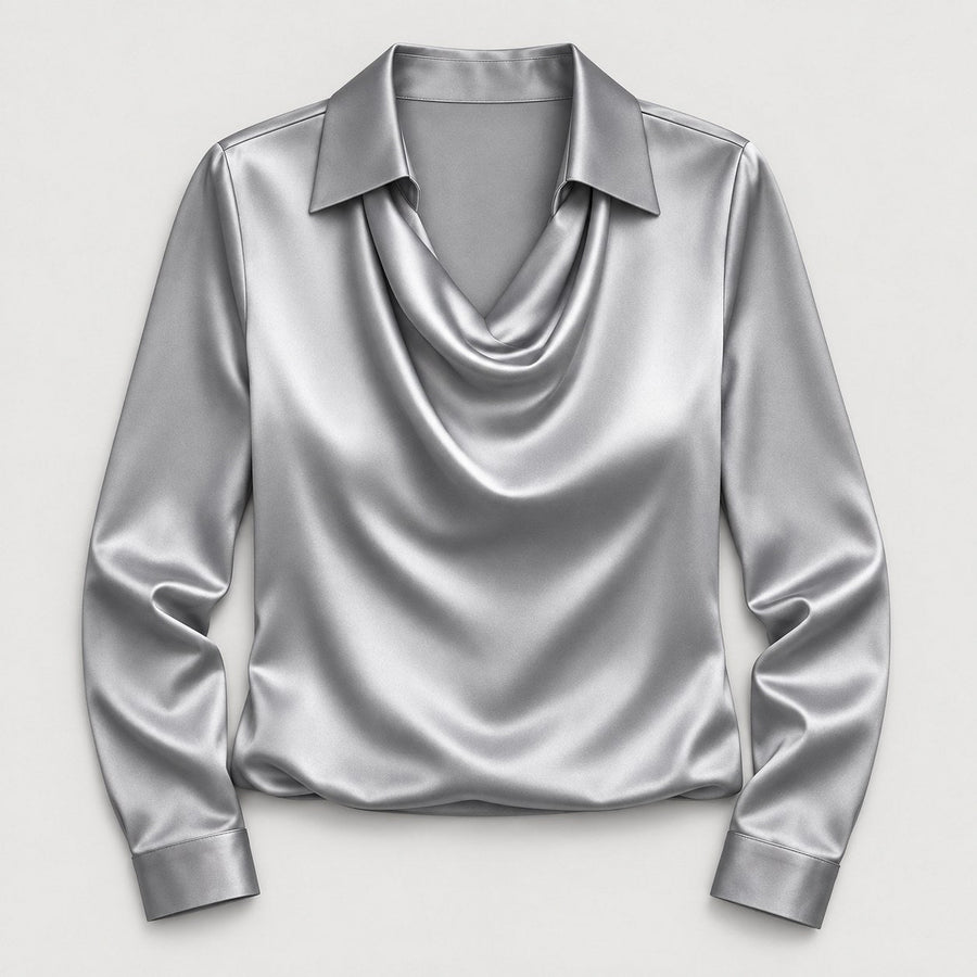 Women's satin cowl neck blouse in Silver Grey | Eardisland – front view