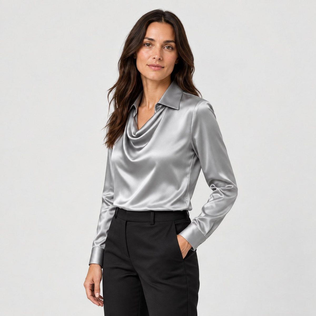 Women's satin cowl neck blouse in Silver Grey | Eardisland – side view