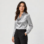Women's satin cowl neck blouse in Silver Grey | Eardisland – side view
