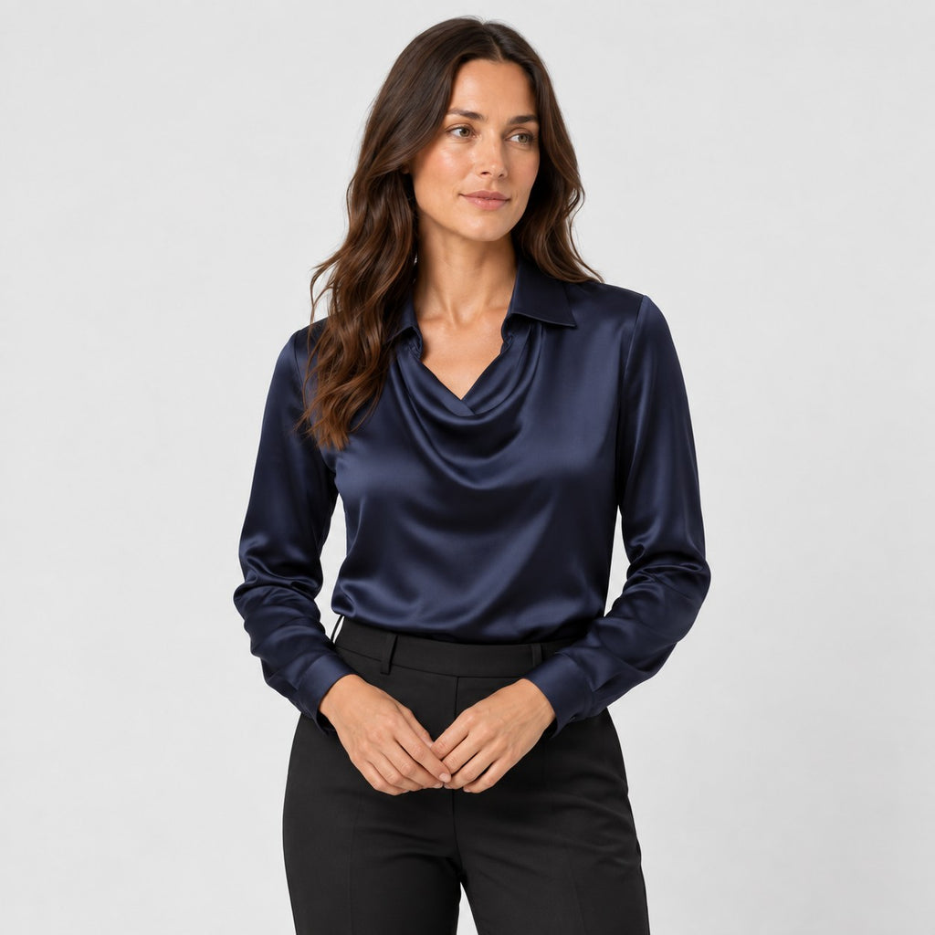 Women's satin cowl neck blouse in Navy | Eardisland – front view