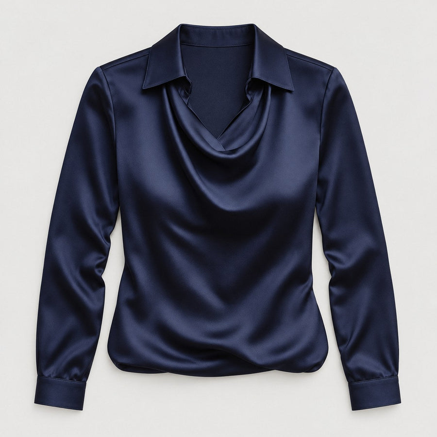 Women's satin cowl neck blouse in Navy | Eardisland – front view