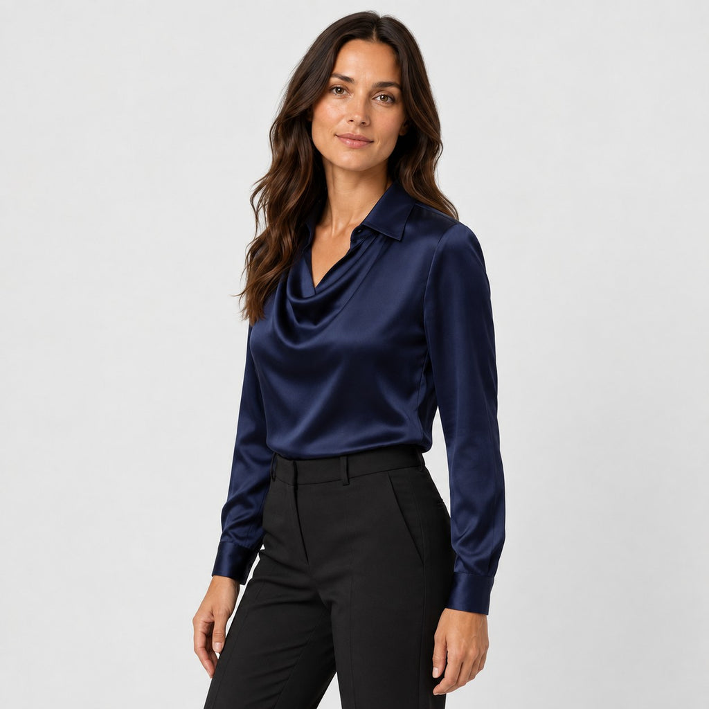 Women's satin cowl neck blouse in Navy | Eardisland – side view