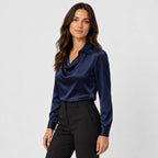 Women's satin cowl neck blouse in Navy | Eardisland – side view