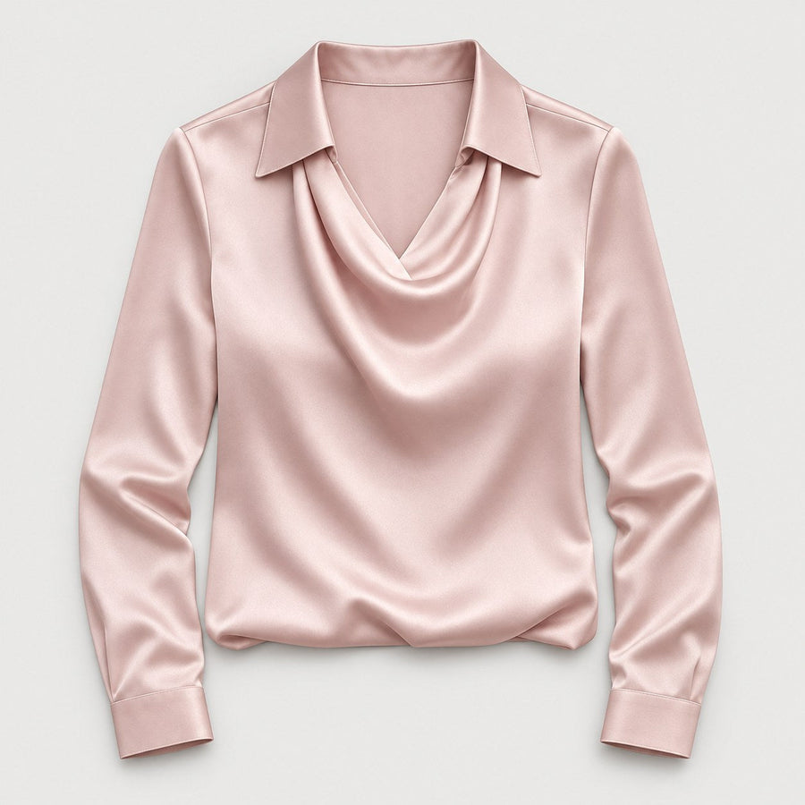 Women's satin cowl neck blouse in Blush Pink | Eardisland – front view