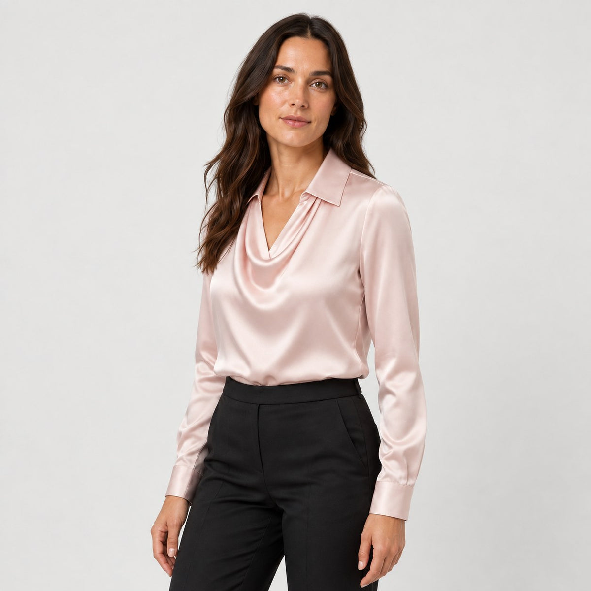 Women's satin cowl neck blouse in Blush Pink | Eardisland – side view