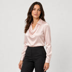 Women's satin cowl neck blouse in Blush Pink | Eardisland – side view