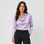 Women's satin cowl neck blouse in Lilac | Eardisland – front view