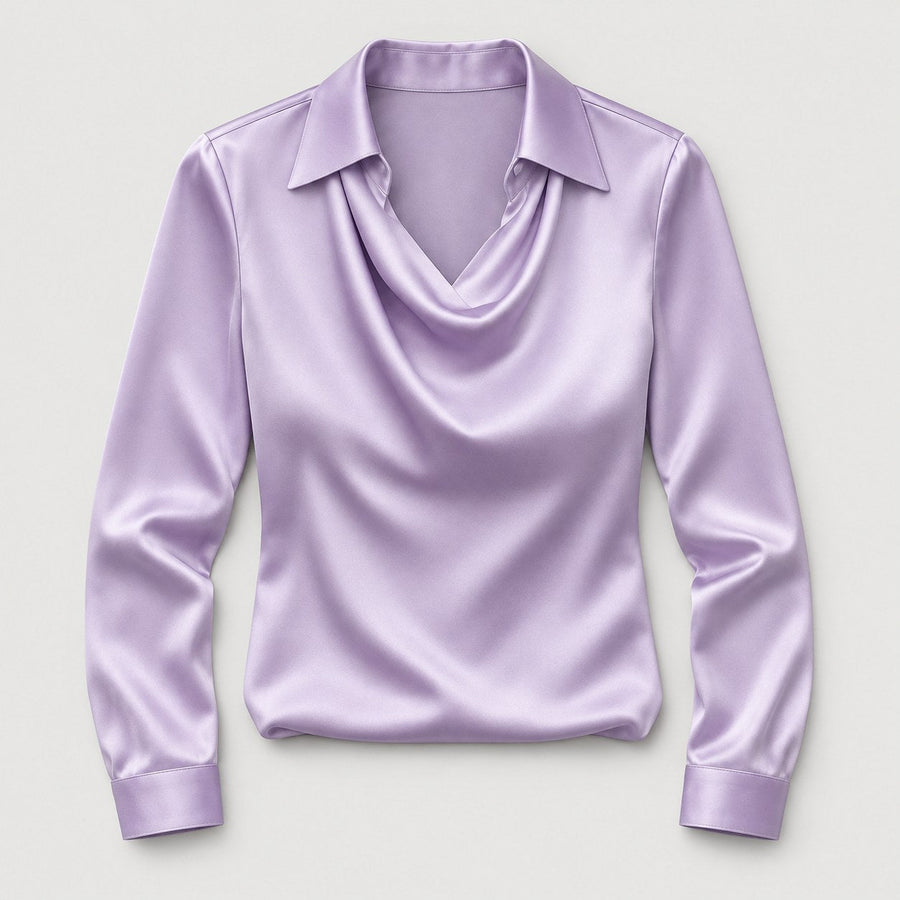 Women's satin cowl neck blouse in Lilac | Eardisland – front view