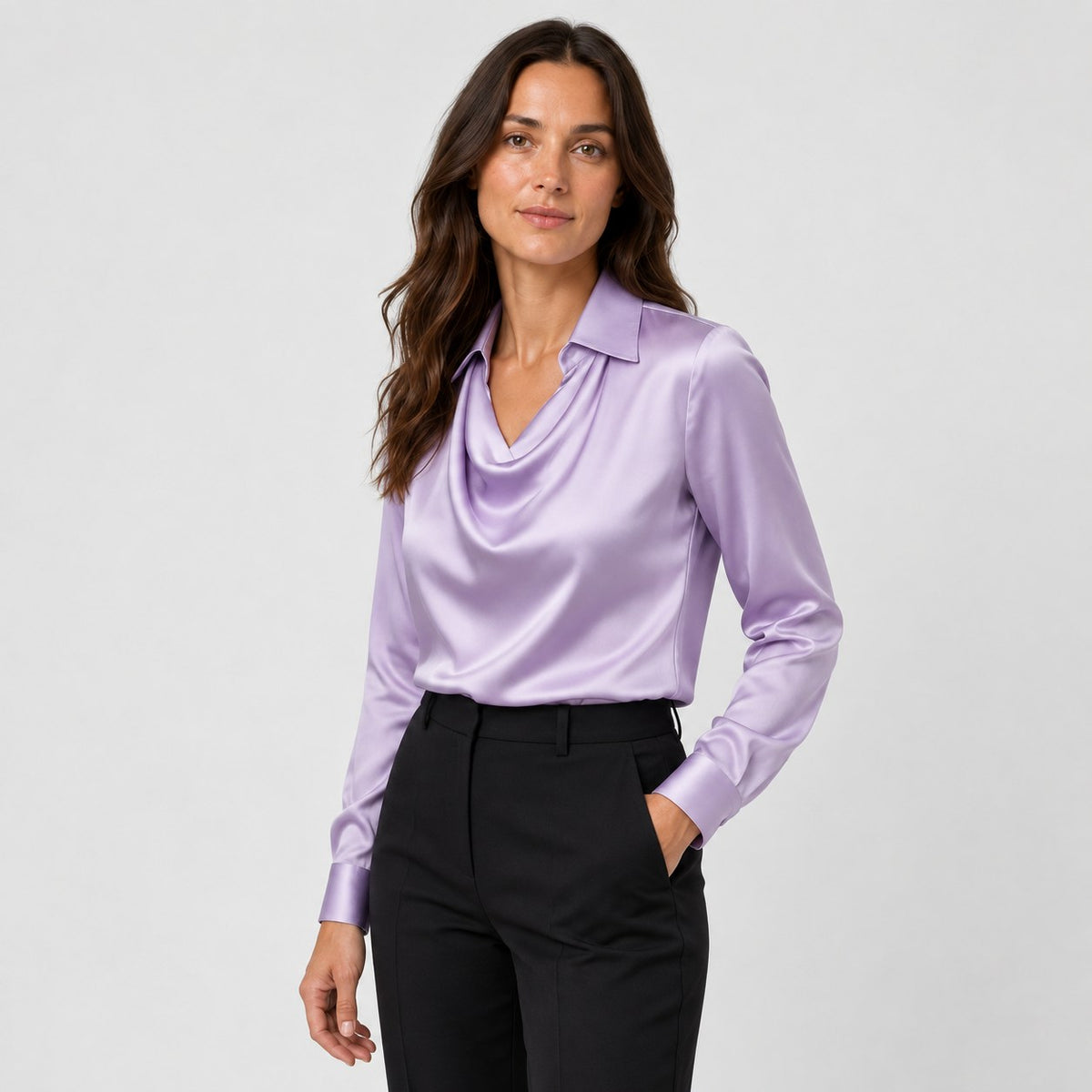 Women's satin cowl neck blouse in Lilac | Eardisland – side view