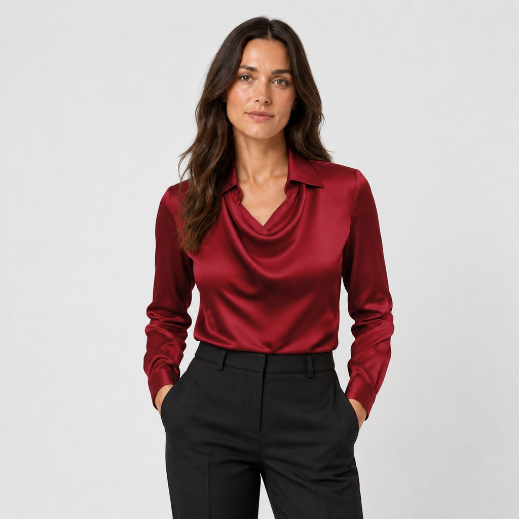 Women's satin cowl neck blouse in Red | Eardisland – front view