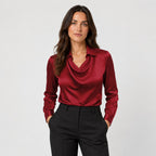 Women's satin cowl neck blouse in Red | Eardisland – front view