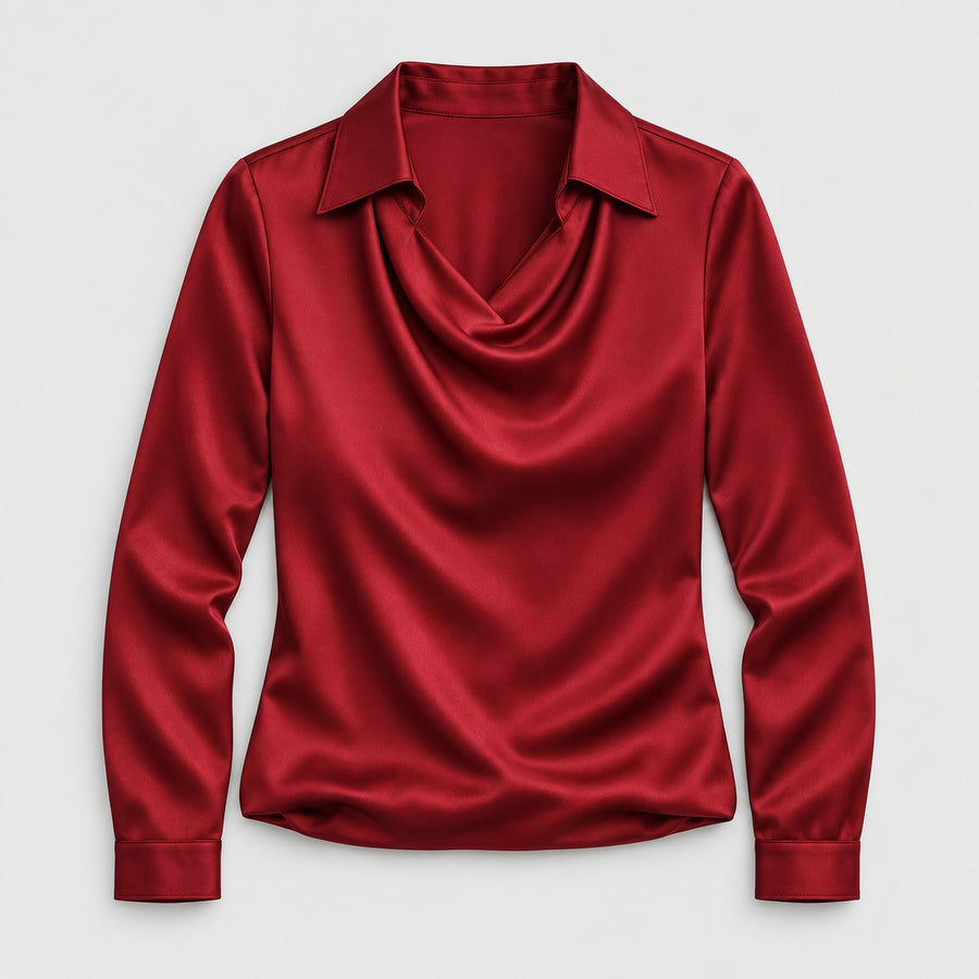 Women's satin cowl neck blouse in Red | Eardisland – front view