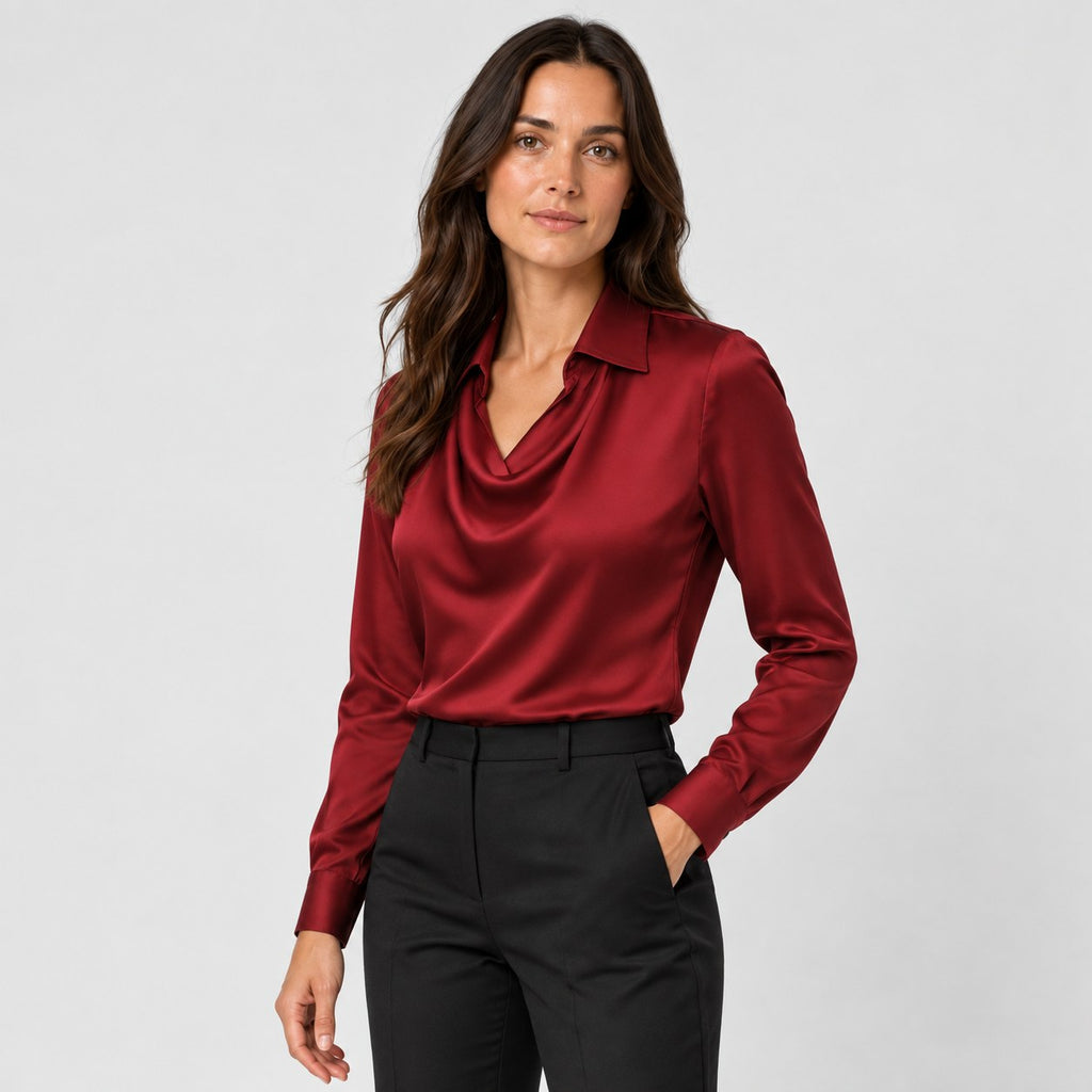 Women's satin cowl neck blouse in Red | Eardisland – side view