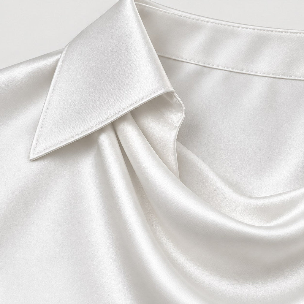 Women's satin cowl neck blouse in White | Eardisland – detail view