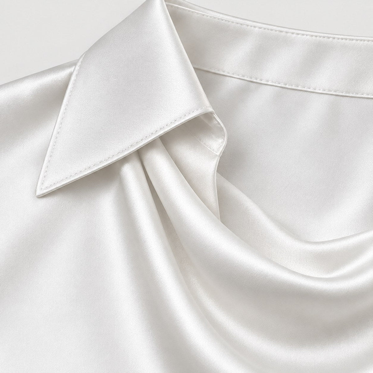 Women's satin cowl neck blouse in White | Eardisland – detail view