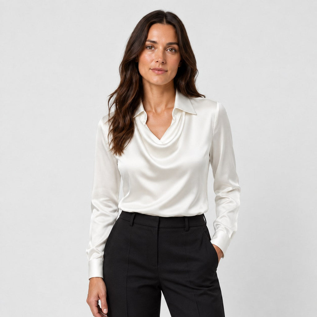 Women's satin cowl neck blouse in White | Eardisland – front view