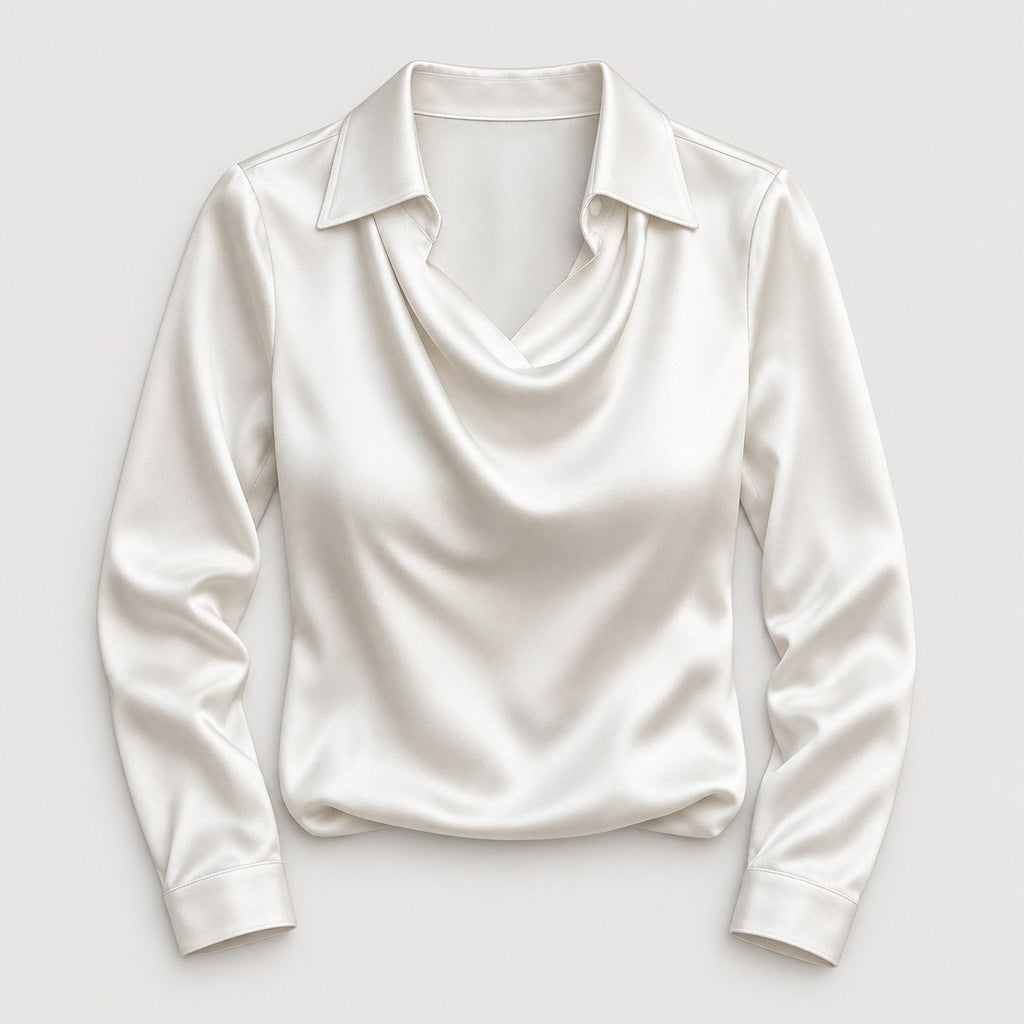 Women's satin cowl neck blouse in White | Eardisland – front view