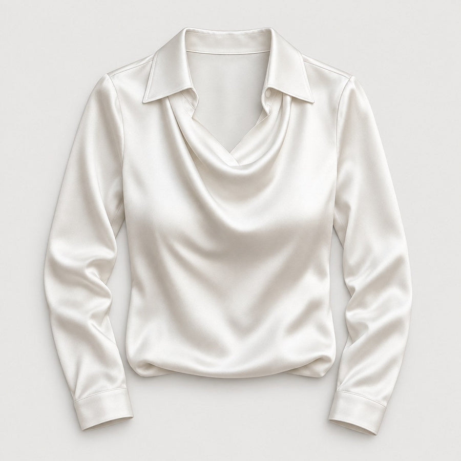 Women's satin cowl neck blouse in White | Eardisland – front view